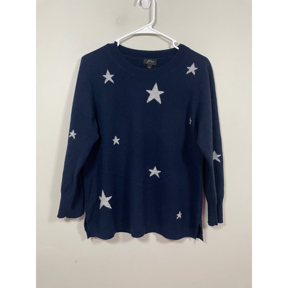 J.Crew Everday Cashmere Crewneck Sweater with Intarsia Knit Stars Size Large